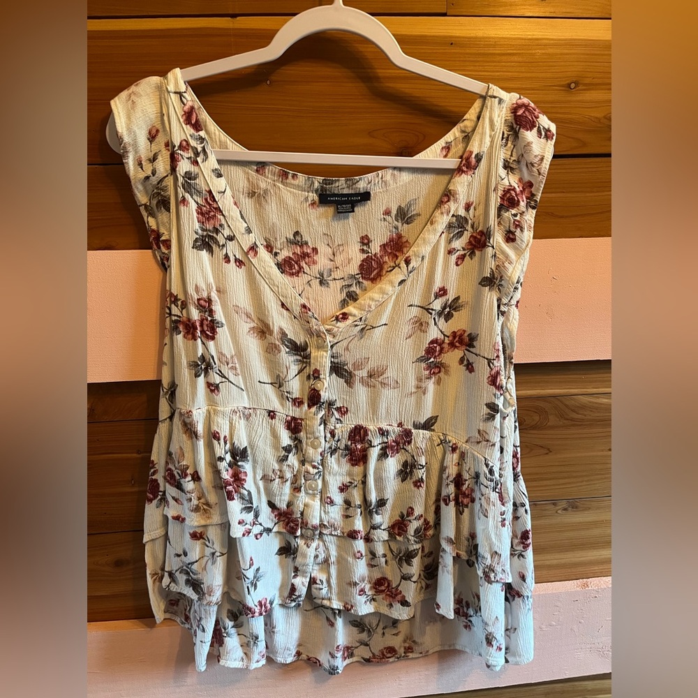American Eagle Outfitters Cream Ruffled Sleeveless Blouse